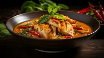 Photo of Red Curry Chicken as a dish in a high-end restaurant. Generative AI