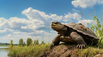 foto de un chasquido Tortuga debajo azul cielo. generativo ai