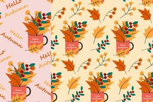 Set of 2 seamless patterns of mugss with bouquet of dry leaves, seasonal branches with berries vector