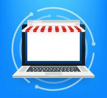 compras en línea en sitio web. en línea almacenar, tienda concepto en ordenador portátil pantalla. vector ilustración