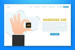 é SIM incrustado sim tarjeta con manos icono símbolo concepto. nuevo chip móvil celular comunicación tecnología. vector valores ilustración.