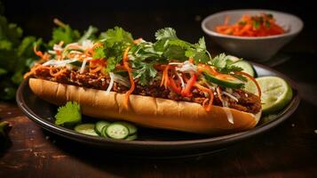 Photo of Banh Mi as a dish in a high-end restaurant. Generative AI