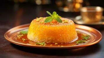 Photo of Kunafa as a dish in a high-end restaurant. Generative AI