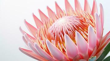 Photo of beautiful Protea flower isolated on white background. Generative AI