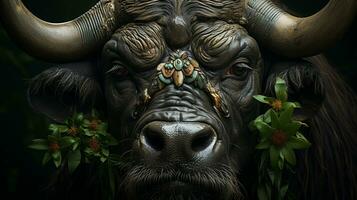 Close-up photo of a African Buffalo  looking any direction on jungle. Generative AI