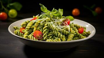 Photo of Pesto Pasta Salad as a dish in a high-end restaurant. Generative AI