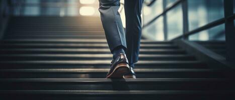 Close-up of a businessman's shoes sprinting up the stairs photo