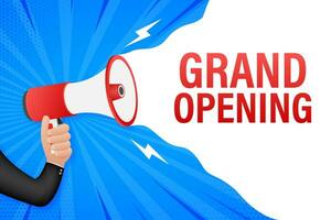 Megaphone label with grand opening. Megaphone banner. Web design. Vector stock illustration.