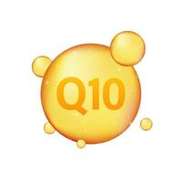 Coenzyme Q10. Gold vector oil icon. Enzyme drop pill capsule. Vector stock illustration