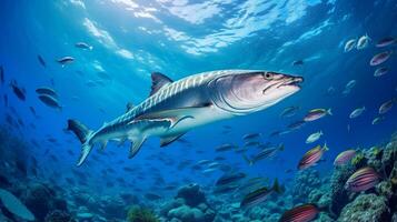 Photo of Barracuda with various fish between healthy coral reefs in the blue ocean. Generative AI