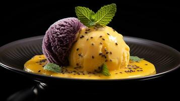 Photo of Passion Fruit Sorbet as a dish in a high-end restaurant. Generative AI