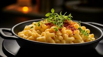 Photo of Gourmet Macaroni and Cheese as a dish in a high-end restaurant. Generative AI