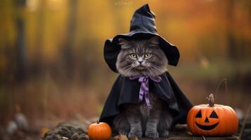 Photo of a cute cat wearing a Halloween costume. Generative AI