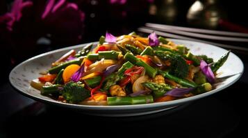 Photo of Spring Vegetable Stir-Fry as a dish in a high-end restaurant. Generative AI