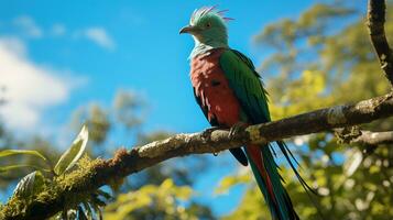 Photo of Quetzal in ther forest with blue sky. Generative AI