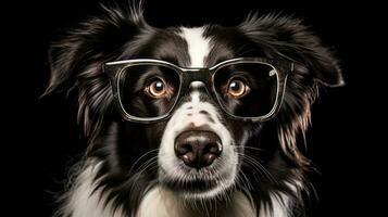 Photo of a Border Collie dog using eyeglasses isolated on white background. Generative AI