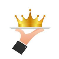 Crown of king hanging over hand with tray isolated on white background. Gold royal icon. Vector stock illustration