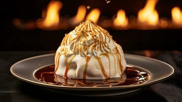 Photo of Baked Alaska as a dish in a high-end restaurant. Generative AI