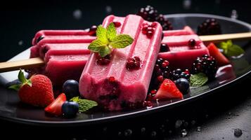 Photo of Berry Popsicles as a dish in a high-end restaurant. Generative AI