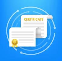 certificado icono. licencia insignia. papel graduación premio con oro medalla. vector valores ilustración