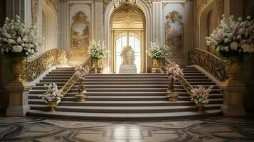 Photo of the room featuring the interior design of the Palace of Versaille, France. Generative AI