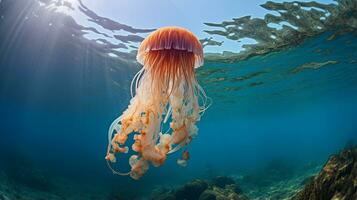 Photo of a Jellyfish under Blue Sky. Generative AI