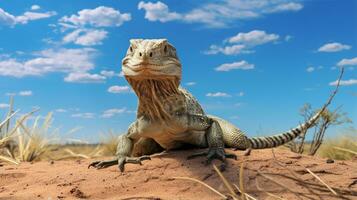foto de un Desierto monitor lagartija en un Desierto con azul cielo. generativo ai