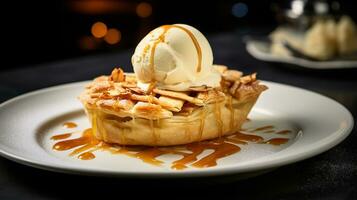 foto de manzana tarta como un plato en un gama alta restaurante. generativo ai