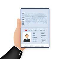 Blank open passport template. International passport with sample personal data page. Vector stock illustration