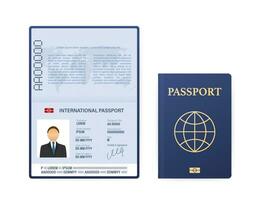 Blank open passport template. International passport with sample personal data page. Vector stock illustration