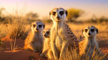 Photo of a herd of Meerkat resting in an open area on the Savanna. Generative AI