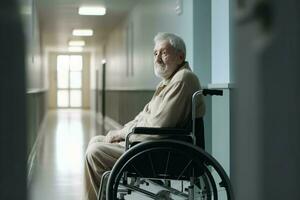 Sick man wheelchair at hall. Generate Ai photo