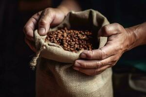 manos café frijoles en bolsa. generar ai foto