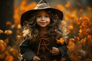 Little girl in witch costume playing in autumn park AI Generated photo