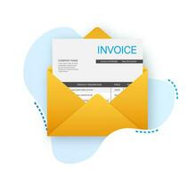 Invoice icon vector, email message received with bill document, flat style open envelope with invoice paper blank vector