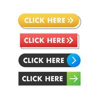 Click here button with hand pointer clicking. Vector stock illustration