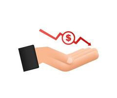 Money loss sign in hands. Cash with down arrow stocks graph, concept of financial crisis, market fall, bankruptcy. Vector stock illustration