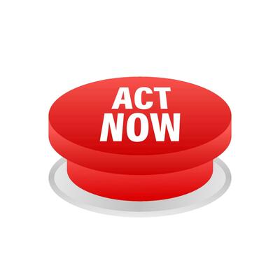 Red round act now button on white background. Vector stock illustration
