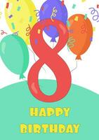 Birthday card with number 8 in cartoon style vector
