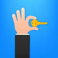 Gold color keys handing over hand on blue background. Vector stock illustration