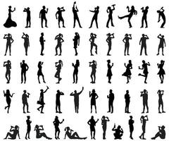 a collection of silhouette illustrations of men and women drinking while standing while carrying bottles of coffee and wine vector