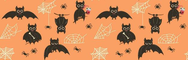 Seamless pattern for Halloween with bats and cobwebs. Vector background with cute bat character in flat retro style.