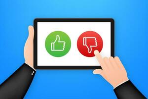 Rating of mobile app. Human hands are holding. Tablet with Yes and No buttons. Vector stock illustration