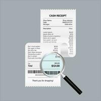 Receipt icon with magnifying glass. Studying paying bill. Payment of goods,service, utility, bank, restaurant. Vector stock illustration