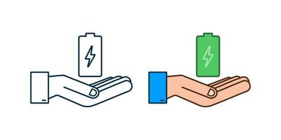 Charging battery with hands. Set of battery charge level indicators. Vector illustration