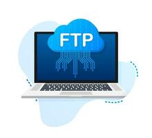 FTP file transfer icon on laptop. FTP technology icon. Transfer data to server. Vector illustration