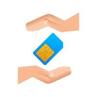 Vector Mobile Cellular Phone Sim Card in hands. Chip Isolated on white Background