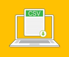 Download CSV button on laptop screen. Downloading document concept. File with CSV label and down arrow sign. Vector illustration