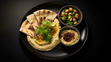 Photo of Pita and Hummus as a dish in a high-end restaurant. Generative AI