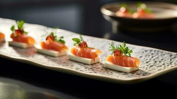 Photo of Smoked Salmon Canapes as a dish in a high-end restaurant. Generative AI